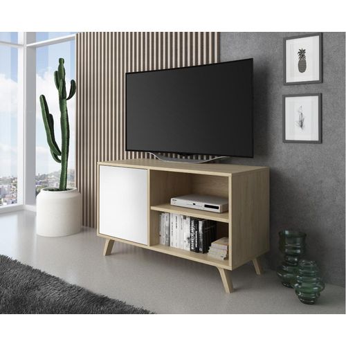Meuble TV Porte Gauche, 95x40x57cm, Chêne Et Blanc
