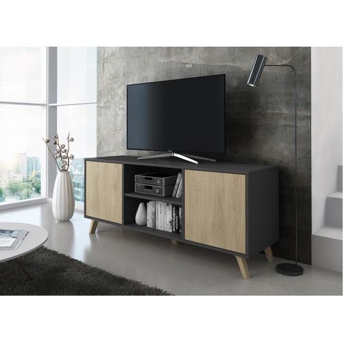 Meuble TV 140 2 Portes, 137x40x57cm, Gris Anthracite Et Chêne