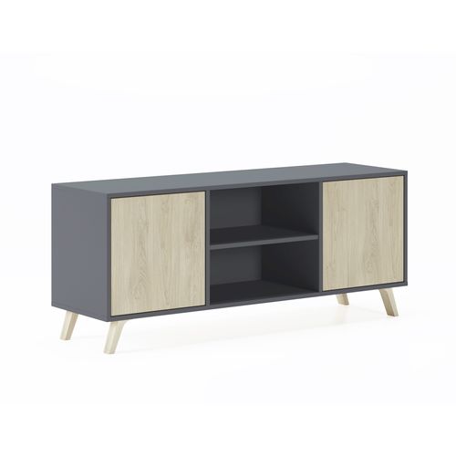 Meuble TV 140 2 Portes, 137x40x57cm, Gris Anthracite Et Chêne