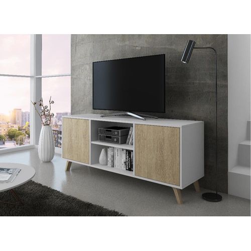 Meuble TV 140 2 Portes, 137x40x57cm, Blanc Et Chêne