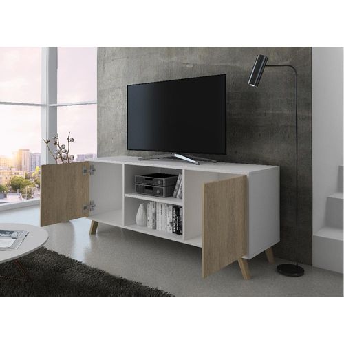 Meuble TV 140 2 Portes, 137x40x57cm, Blanc Et Chêne