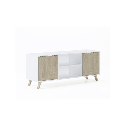 Meuble TV 140 2 Portes, 137x40x57cm, Blanc Et Chêne