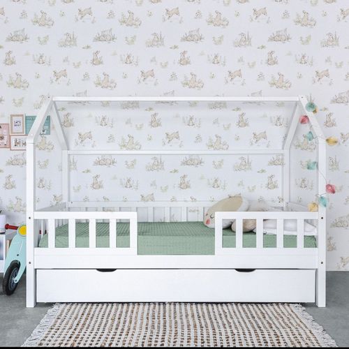 Lit Cabane Avec Barrièrre + Tiroir De Rangement En Bois Blanc 90x190cm