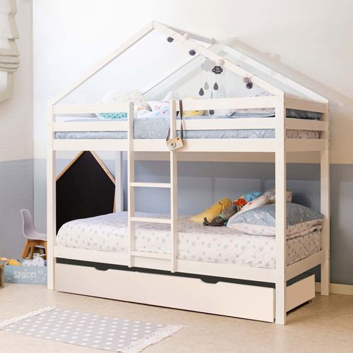 Lit Superposé Cabane + Tiroir De Rangement Bois Blanc 90x190/90x190cm