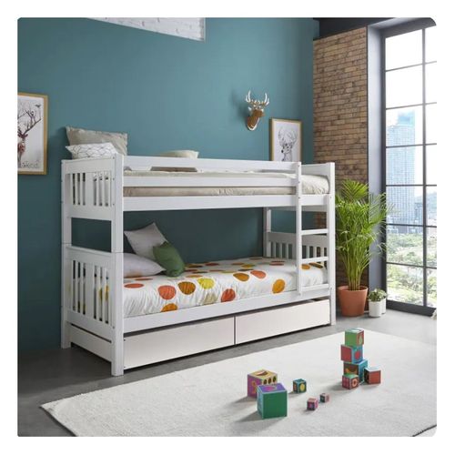 Lit Superposé + Tiroir De Rangement Bois Blanc 90x190cm