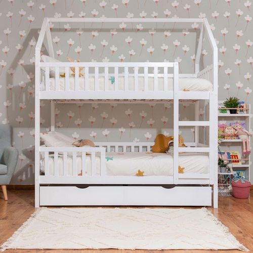 Lit Superposé Cabane + Tiroir De Rangement Bois Blanc 90x190/90x190cm