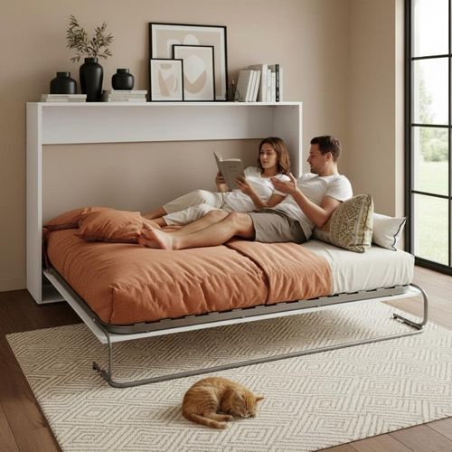 Lit Escamotable Aggloméré Mélamine Blanc 135x190cm