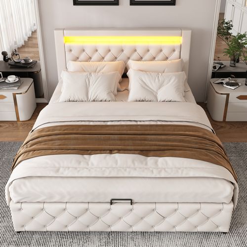 Lit Coffre Lit Double Rembourré 160x200 Cm Avec LED Et Sommier à Lattes, Pu, Blanc, Sans Matelas
