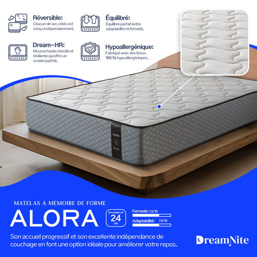 Matelas Mousse 160x200cm - ALORA 24 - Accueil Mémoire De Forme, Épaisseur 24cm - Double Face - Ferme