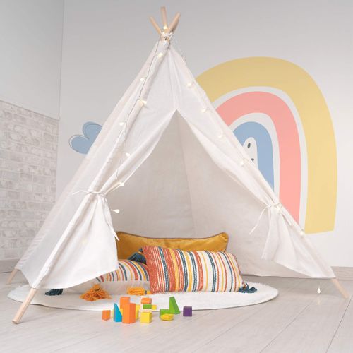 Tipi D'enfant Montessori Koda 120x120x150 Cm Pliable Usage Int./ext. En Tissu Blanc Lumières Tapis