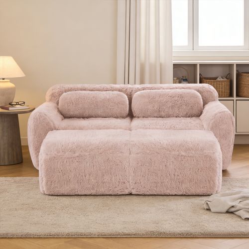 Canapé Modulable, 2 Places, Sans Assemblage Requis, Revêtement En Tissu Effet Fausse Fourrure, Rose