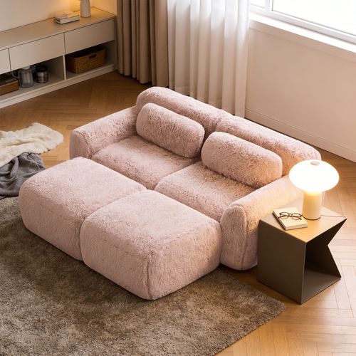 Canapé Modulable, 2 Places, Sans Assemblage Requis, Revêtement En Tissu Effet Fausse Fourrure, Rose