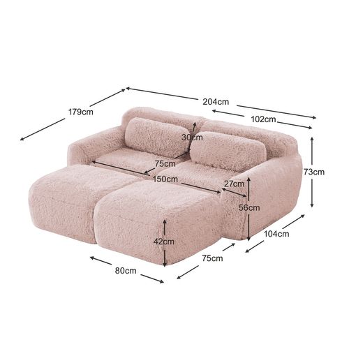 Canapé Modulable, 2 Places, Sans Assemblage Requis, Revêtement En Tissu Effet Fausse Fourrure, Rose