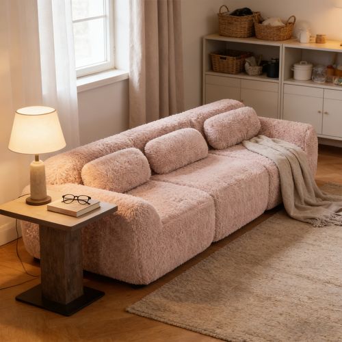 Canapé Modulable, 3 Places, Sans Assemblage Requis, Revêtement En Tissu Effet Fausse Fourrure, Rose