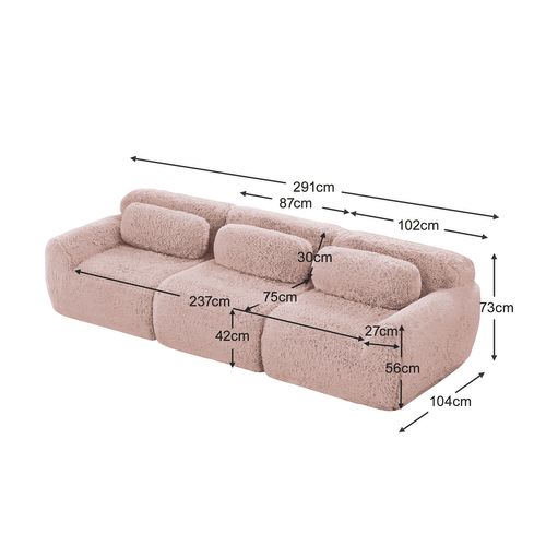 Canapé Modulable, 3 Places, Sans Assemblage Requis, Revêtement En Tissu Effet Fausse Fourrure, Rose