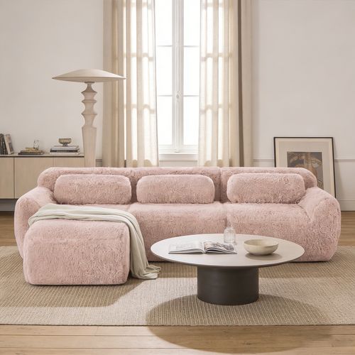 Canapé Modulable, 3 Places, Sans Assemblage Requis, Revêtement En Tissu Effet Fausse Fourrure, Rose