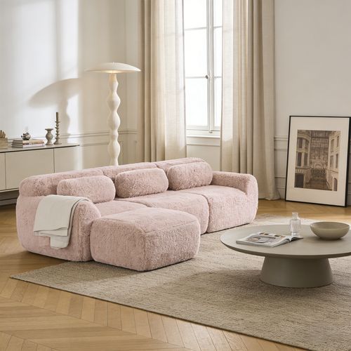 Canapé Modulable, 3 Places, Sans Assemblage Requis, Revêtement En Tissu Effet Fausse Fourrure, Rose