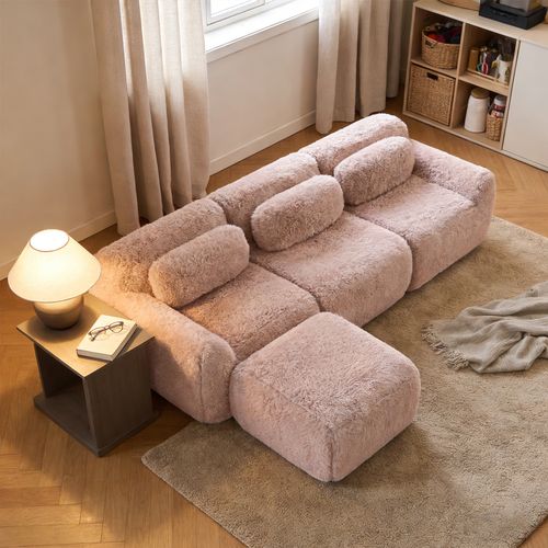Canapé Modulable, 3 Places, Sans Assemblage Requis, Revêtement En Tissu Effet Fausse Fourrure, Rose