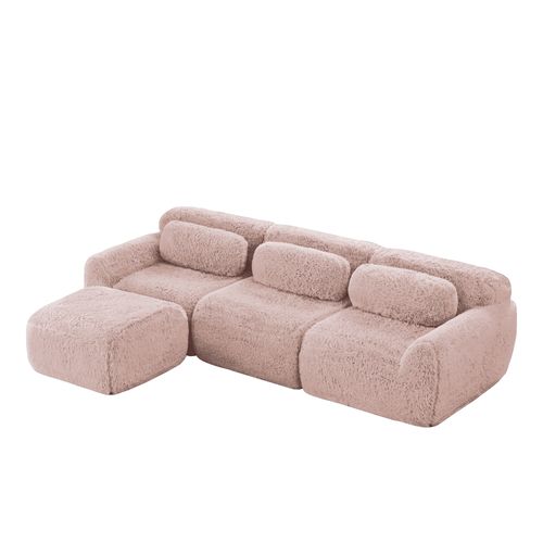 Canapé Modulable, 3 Places, Sans Assemblage Requis, Revêtement En Tissu Effet Fausse Fourrure, Rose