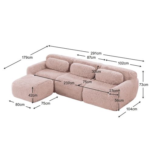 Canapé Modulable, 3 Places, Sans Assemblage Requis, Revêtement En Tissu Effet Fausse Fourrure, Rose