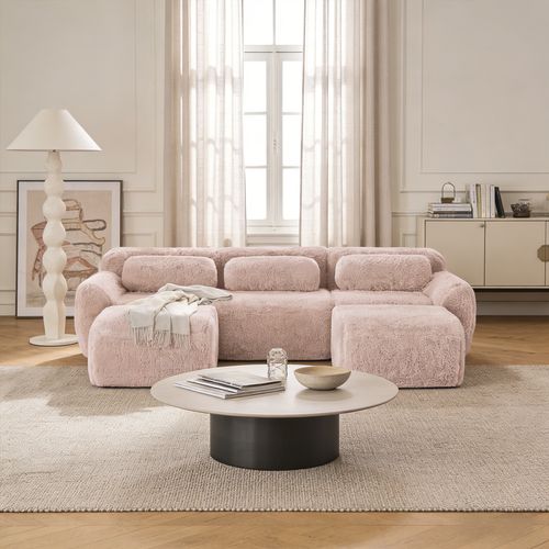 Canapé Modulable, 3 Places, Sans Assemblage Requis, Revêtement En Tissu Effet Fausse Fourrure, Rose