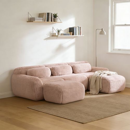Canapé Modulable, 3 Places, Sans Assemblage Requis, Revêtement En Tissu Effet Fausse Fourrure, Rose