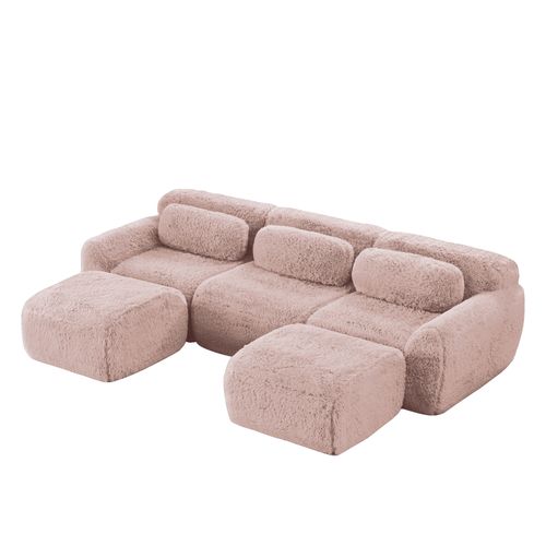 Canapé Modulable, 3 Places, Sans Assemblage Requis, Revêtement En Tissu Effet Fausse Fourrure, Rose