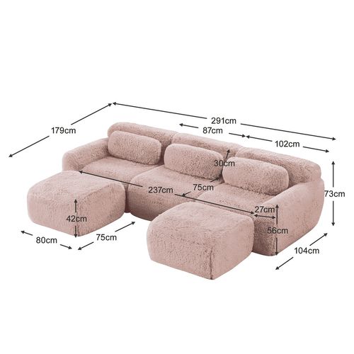 Canapé Modulable, 3 Places, Sans Assemblage Requis, Revêtement En Tissu Effet Fausse Fourrure, Rose