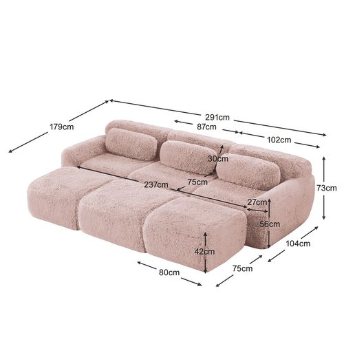 Canapé Modulable, 3 Places, Sans Assemblage Requis, Revêtement En Tissu Effet Fausse Fourrure, Rose