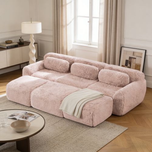 Canapé Modulable, 3 Places, Sans Assemblage Requis, Revêtement En Tissu Effet Fausse Fourrure, Rose