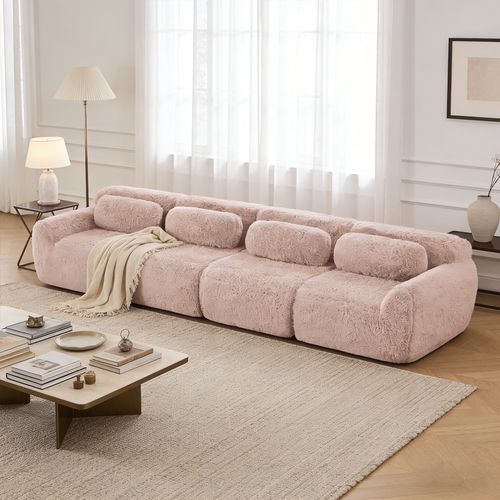 Canapé Modulable, 4 Places, Sans Assemblage Requis, Revêtement En Tissu Effet Fausse Fourrure, Rose