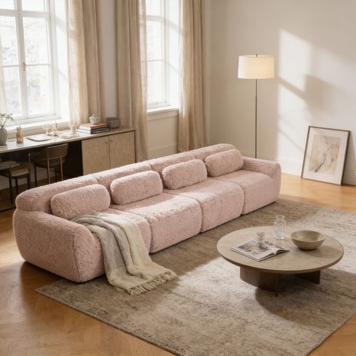 Canapé Modulable, 4 Places, Sans Assemblage Requis, Revêtement En Tissu Effet Fausse Fourrure, Rose