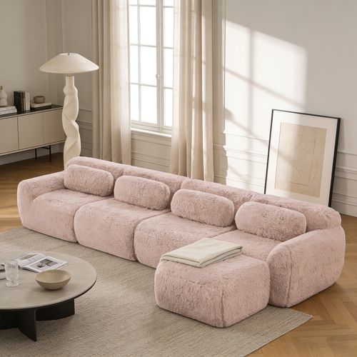 Canapé Modulable, 4 Places, Sans Assemblage Requis, Revêtement En Tissu Effet Fausse Fourrure, Rose