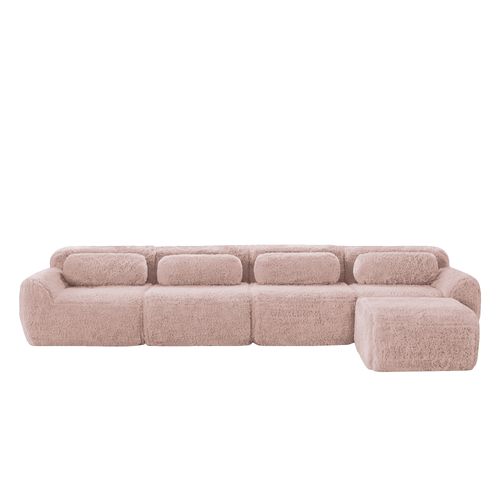 Canapé Modulable, 4 Places, Sans Assemblage Requis, Revêtement En Tissu Effet Fausse Fourrure, Rose