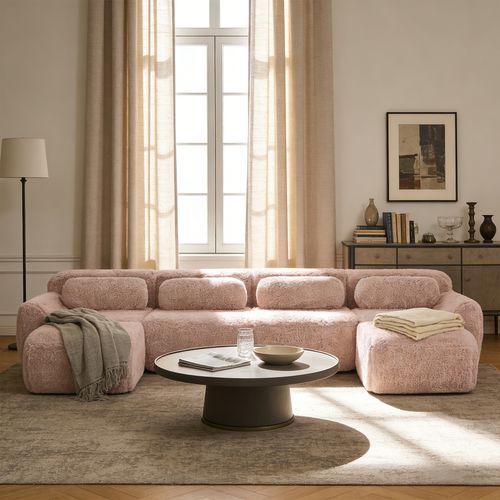 Canapé Modulable, 4 Places, Sans Assemblage Requis, Revêtement En Tissu Effet Fausse Fourrure, Rose