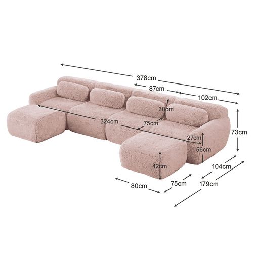 Canapé Modulable, 4 Places, Sans Assemblage Requis, Revêtement En Tissu Effet Fausse Fourrure, Rose
