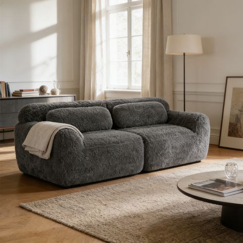 Canapé Modulable, 2 Places, Sans Assemblage Requis, Revêtement En Tissu Effet Fausse Fourrure, Gris