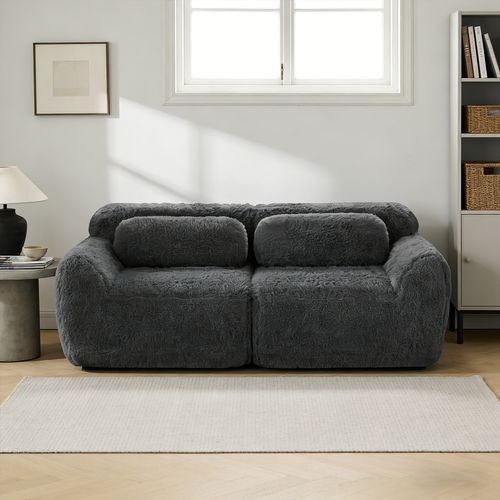 Canapé Modulable, 2 Places, Sans Assemblage Requis, Revêtement En Tissu Effet Fausse Fourrure, Gris