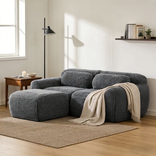 Canapé Modulable, 2 Places, Sans Assemblage Requis, Revêtement En Tissu Effet Fausse Fourrure, Gris