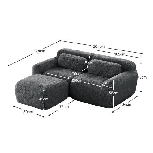Canapé Modulable, 2 Places, Sans Assemblage Requis, Revêtement En Tissu Effet Fausse Fourrure, Gris