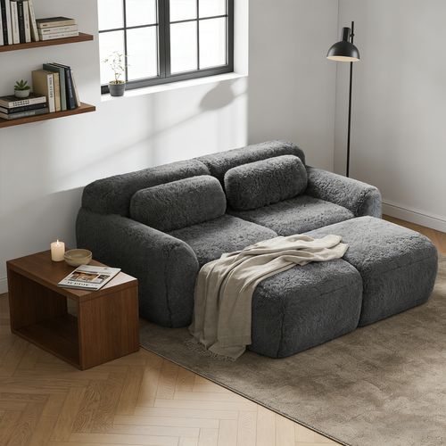 Canapé Modulable, 2 Places, Sans Assemblage Requis, Revêtement En Tissu Effet Fausse Fourrure, Gris