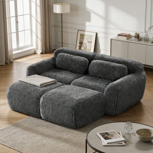 Canapé Modulable, 2 Places, Sans Assemblage Requis, Revêtement En Tissu Effet Fausse Fourrure, Gris
