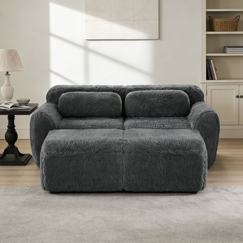 Canapé Modulable, 2 Places, Sans Assemblage Requis, Revêtement En Tissu Effet Fausse Fourrure, Gris