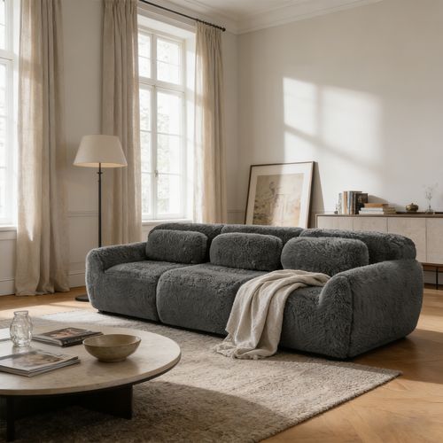 Canapé Modulable, 3 Places, Sans Assemblage Requis, Revêtement En Tissu Effet Fausse Fourrure, Gris