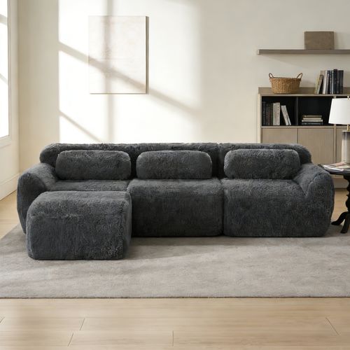 Canapé Modulable, 3 Places, Sans Assemblage Requis, Revêtement En Tissu Effet Fausse Fourrure, Gris