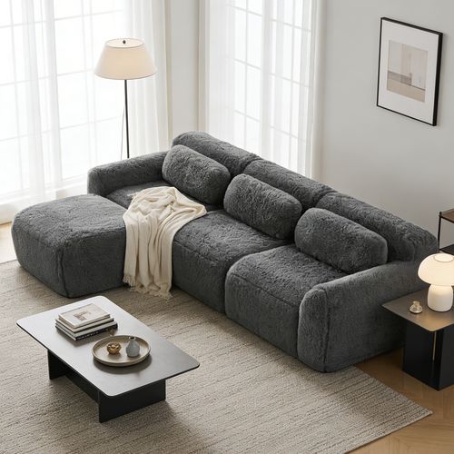 Canapé Modulable, 3 Places, Sans Assemblage Requis, Revêtement En Tissu Effet Fausse Fourrure, Gris