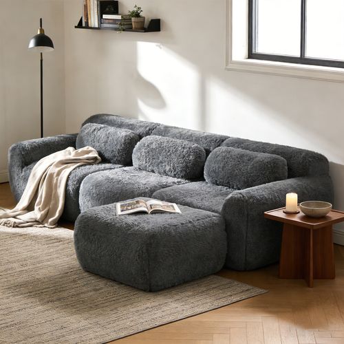 Canapé Modulable, 3 Places, Sans Assemblage Requis, Revêtement En Tissu Effet Fausse Fourrure, Gris