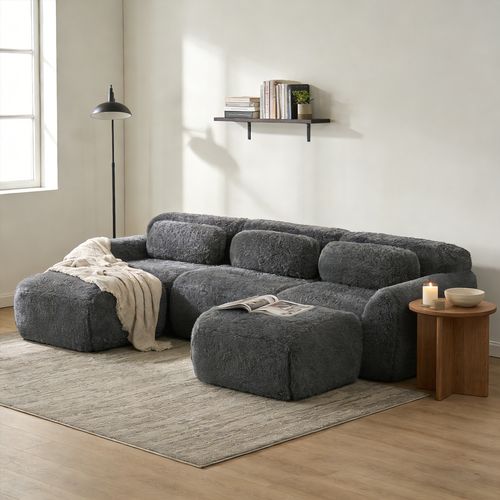 Canapé Modulable, 3 Places, Sans Assemblage Requis, Revêtement En Tissu Effet Fausse Fourrure, Gris
