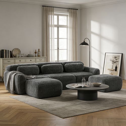 Canapé Modulable, 3 Places, Sans Assemblage Requis, Revêtement En Tissu Effet Fausse Fourrure, Gris