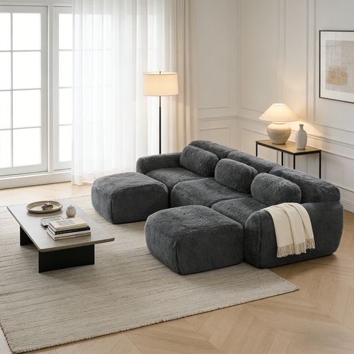 Canapé Modulable, 3 Places, Sans Assemblage Requis, Revêtement En Tissu Effet Fausse Fourrure, Gris
